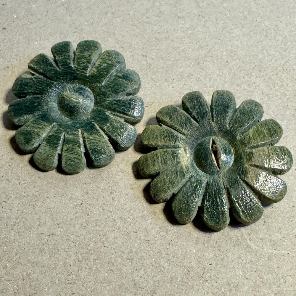 Vintage Hand Carved Wood Flower Buttons Lot 2 Green Painted Floral Shank 1.25”